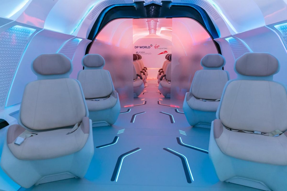 Virgin Hyperloop One's Passenger Pod is on display at the Dubai Motor Show