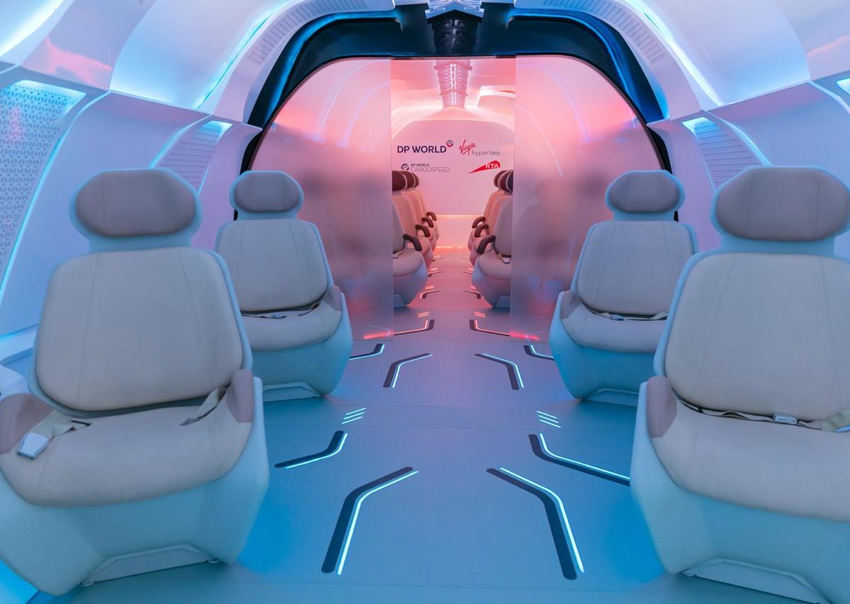 Virgin Hyperloop One's Passenger Pod is on display at the Dubai Motor Show